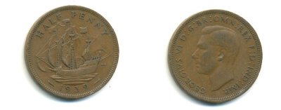 Великобритания 1/2 пенни 1939 Георг VI (1936-1952) KM 844, Spink 4115 бронза 59-1014