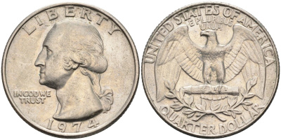 США 25 центов (квотер) 1974 Вашингтон KM 164a медь плакированная медно-никелем 4584-1033