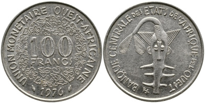 ВАЛЮТНЫЙ СОЮЗ СТРАН ЗАПАДНОЙ АФРИКИ 100 ФРАНКОВ 1976 ФЕДЕРАЦИЯ KM 4 никель 4538-312