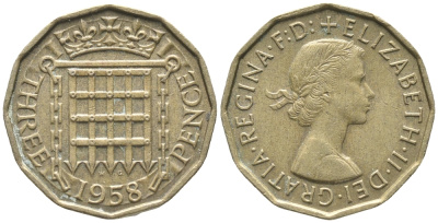 Великобритания 3 пенса 1958 Елизавета II (1952-2022) KM 900, Spink 4153 никель латунь 34-234