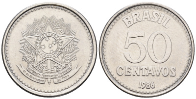Бразилия 50 сентаво 1986 реформа 1986-1989 KM 604 нержавеющая сталь UNC 87-514