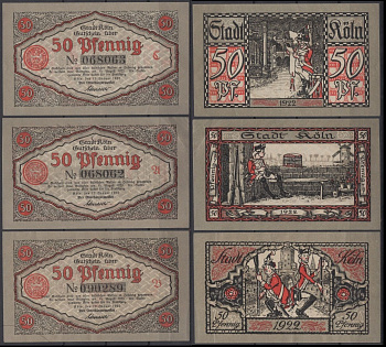 Кельн полный набор из 3 нотгельдов (50 пфеннигов) 1922 DeNG 2 0717.1-2/3 бумага aUNC 7556-15-2-2