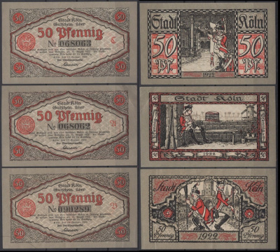 Кельн полный набор из 3 нотгельдов (50 пфеннигов) 1922 DeNG 2 0717.1-2/3 бумага aUNC 7556-15-2-2