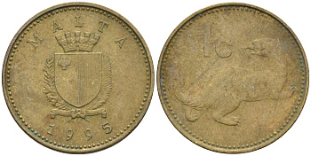 Мальта 1 цент 1995 ласка, горностай KM 93 никель латунь 4585-1222