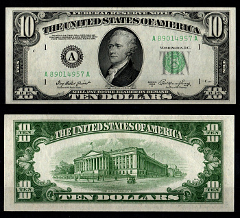 США 10 долларов 1950 Александр Гамильтон. Министерство финансов Соединенных Штатов, Вашингтон, округ Колумбия Pick 439 a, Fr. 2011-A бумага UNC (пресс) 451-1278-1