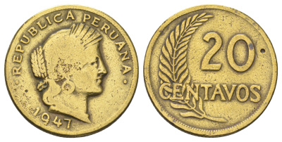 Перу 20 сентаво 1947 KM 221 латунь 4646-1125