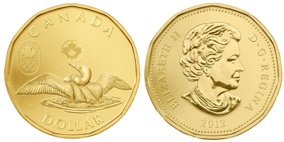 Канада 1 доллар 2012 XXX летние Олимпийские игры в Лондоне в 2012 году, красноклювая гагара KM 1256 никель плакированный бронзой UNC M45-14