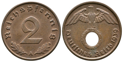 Германия 2 рейхспфеннига 1939 A KM 90, J. 362 бронза 176-1247