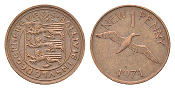 Гернси 1 новый пенни 1971 Елизавета II (1952-2022), северная олуша в полете KM 21 бронза 4702-744