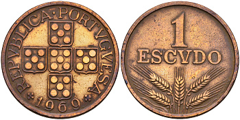 Португалия 1 эскудо 1969 первый год KM 597 бронза    4153-135