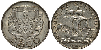 ПОРТУГАЛИЯ 5 ЭСКУДО 1948 ПАРУСНИК KM 581 серебро 1521-1232