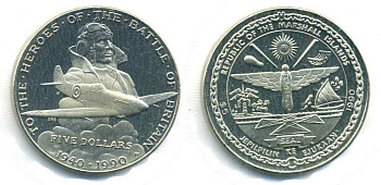 Маршалловы острова 5 долларов 1990 50 лет Битвы за Британию (1940-1990), авиация, в картонном буклете медно-никель UNC 5-4-3-64
