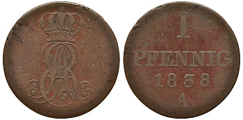 Ганновер 1 пфенниг 1838 A, Эрнст Август (1837-1851) KM 173.1, AKS 126, J. 54 медь 75-553