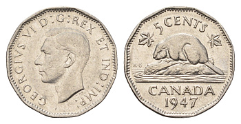Канада 5 центов 1947 бобр Dot, Георг VI (1936-1952) KM 39a никель 4679-661