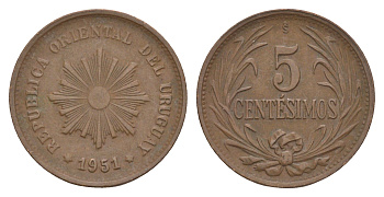Уругвай 5 сентесимо 1951 KM 21a бронза 4629-1034
