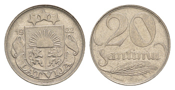 Латвия 20 сантимов 1922 год-тип KM 5 никель 4658-1252