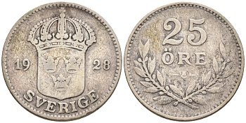 Швеция 25 эре 1928 G, Густав V (1907-1950) KM 785 серебро 4380-167