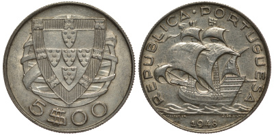 ПОРТУГАЛИЯ 5 ЭСКУДО 1948 ПАРУСНИК KM 581 серебро 1521-1232