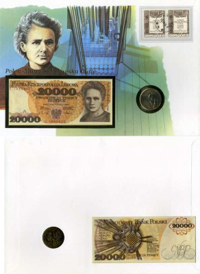 ПОЛЬША НАБОР В КОНВЕРТЕ 20000 ЗЛОТЫХ + 10 ЗЛОТЫХ 1967 1989 1 ФЕВРАЛЯ 1989, НАБОР ИЗ МОНЕТЫ, БАНКНОТЫ И МАРКИ, МАРИЯ КБРИ, ПОГАШЕН Pick 152а бумага UNC (ПРЕСС) 7183-47-1