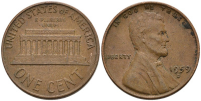 США 1 цент 1959 D, Авраам Линкольн KM 201 медь цинк 4564-327