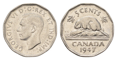 Канада 5 центов 1947 бобр Dot, Георг VI (1936-1952) KM 39a никель 4679-661