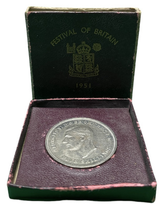 Великобритания 5 шиллингов = 1 крона 1951 Георг VI (1936-1952), фестиваль Британии, Георгий Победоносец, в оригинальной коробке KM 880, Spink 4111 медно-никель Prooflike 3-4-7-38