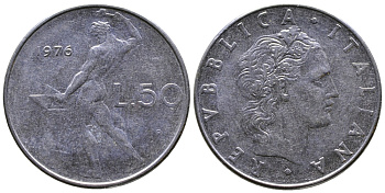ИТАЛИЯ 50 ЛИР 1976 R, КУЗНЕЦ KM 95.1 сталь 3333-836
