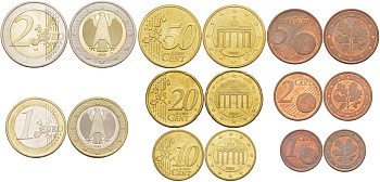 ФРГ евронабор из 8 монет 2002 A, (1, 2, 5, 10, 20, 50 ЕВРОЦЕНТОВ, 1, 2 ЕВРО) биметалл N6-41