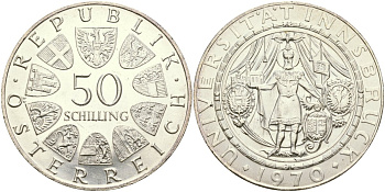 Австрия 50 шиллингов 1970 300 лет образования Университета Инсбрука KM 2908 серебро UNC 00-00