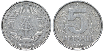 ГДР 5 пфеннигов 1972 A KM 9.1 алюминий 62-245
