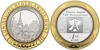 Франция 1 1/2 евро 2008 150 лет торговым отношениям Франция-Япония, Париж, Эйфелева башня, коллекция Нидерландского монетного двора KM 1550 серебро PROOF 11-060-24