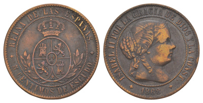 Испания 5 сентимо 1868 4-х конечная звезда - Хубия, Изабелла II KM 635 медь 1522-1121