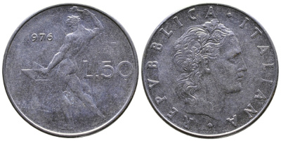 ИТАЛИЯ 50 ЛИР 1976 R, КУЗНЕЦ KM 95.1 сталь 3333-836