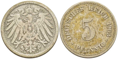 ГЕРМАНИЯ 5 ПФЕННИГОВ 1903 A KM 11, J. 12, Weege 6 медно-никель 206-935