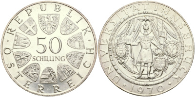 Австрия 50 шиллингов 1970 300 лет образования Университета Инсбрука KM 2908 серебро UNC 00-00