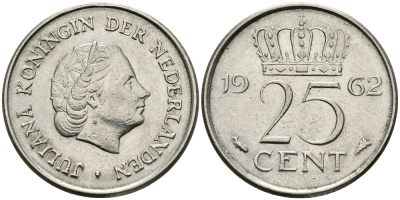 НИДЕРЛАНДЫ 25 ЦЕНТОВ 1962 ЮЛИАНА KM 183 никель 96-149
