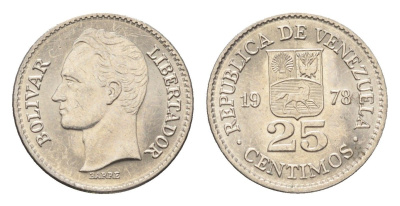 Венесуэла 25 сентимо 1978 Симон Боливар Y 50 никель UNC 4664-411
