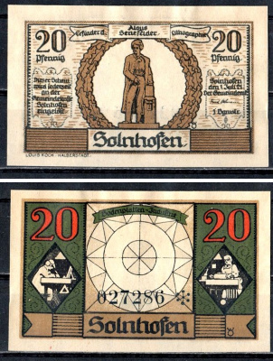 Зольнхофен (Бавария) 20 пфеннигов 1921 Mehl Grabowski 1236.1a-2/4 бумага UNC (пресс) 7556-68-2-3