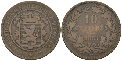 Люксембург 10 сантимов 1855 A, Виллем III (1849-1890) KM 23 бронза 94-224