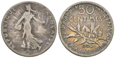 Франция 50 сантимов 1904 KM 854 серебро 4611-1129