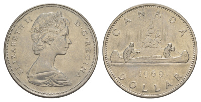 Канада 1 доллар 1969 Елизавета II (1952-2022), каноэ KM 76.1 никель 4634-345