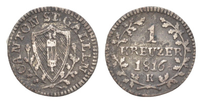 Швейцарские кантоны, Санкт-Галлен 1 крейцер 1816 K KM 102 серебро 603-913