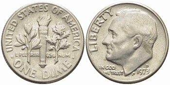 США 10 ЦЕНТОВ = 1 ДАЙМ 1973 D, РУЗВЕЛЬТ KM 195а медь плакированная медно-никелем 112-423