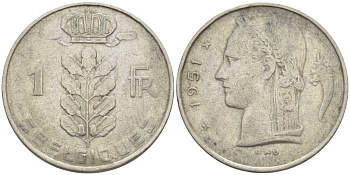 БЕЛЬГИЯ 1 ФРАНК 1951 BELGIQUE, БОДУЭН I (1951-1993) KM 142.1 медно-никель 119-433