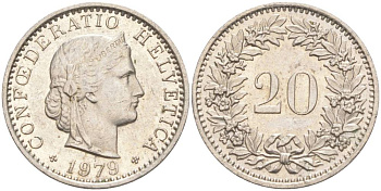 ШВЕЙЦАРИЯ 20 РАППЕНОВ 1979 KM 29a медно-никель 55-957