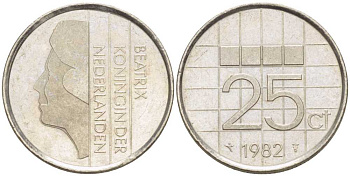 Нидерланды 25 центов 1982 Беатрикс (1980-2013) KM 204 никель 214-1128