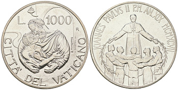 Ватикан 1000 лир 1997 19-й год правления Иоанна Павла II, Иоанн Павел II (1978-2005) KM 287 серебро UNC 1530-435