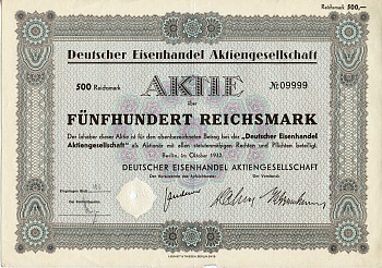 Германия 500 рейхсмарок 1932 Немецкое акционерное общество по торговле железом, акция   бумага   8801-68-1