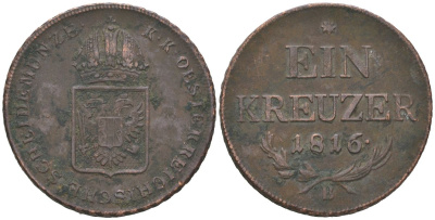 Австрия 1 крейцер 1816 A, Франц II (1792-1835) KM 2113 медь 202-557