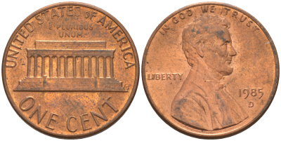 США 1 ЦЕНТ 1985 D, ЛИНКОЛЬН KM 201b цинк плакированный медью UNC 188-232